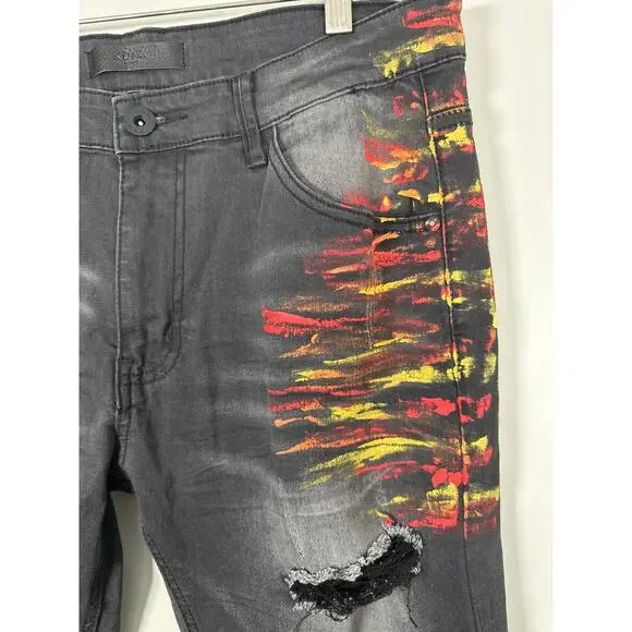 KDNK Smocked PU Jeans With Multi-Paint Splatter Mens Size 34 - Picture 3 of 11